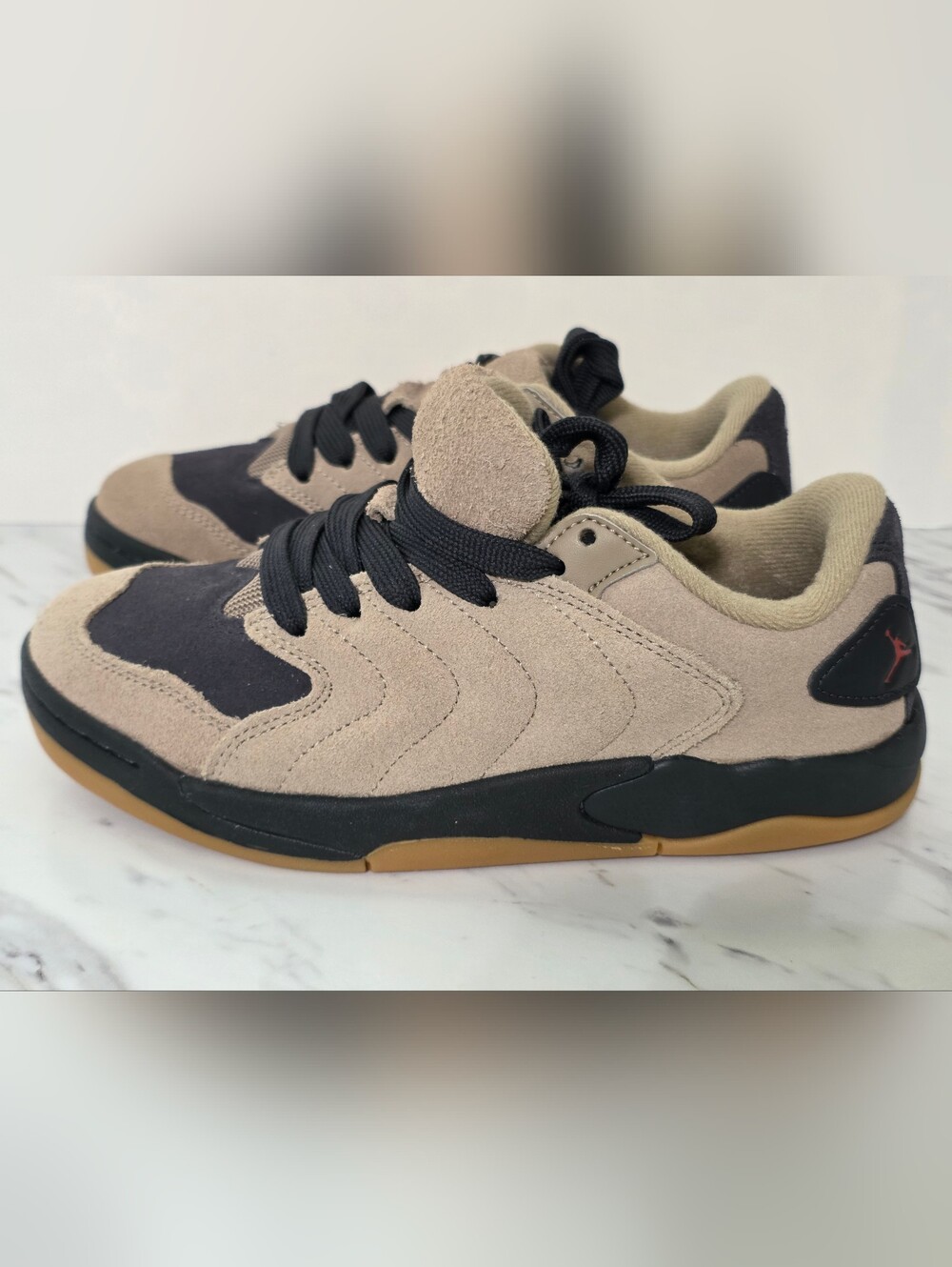 Jordan Low-Top Suede Sneakers in Beige and Black with Gum Sole